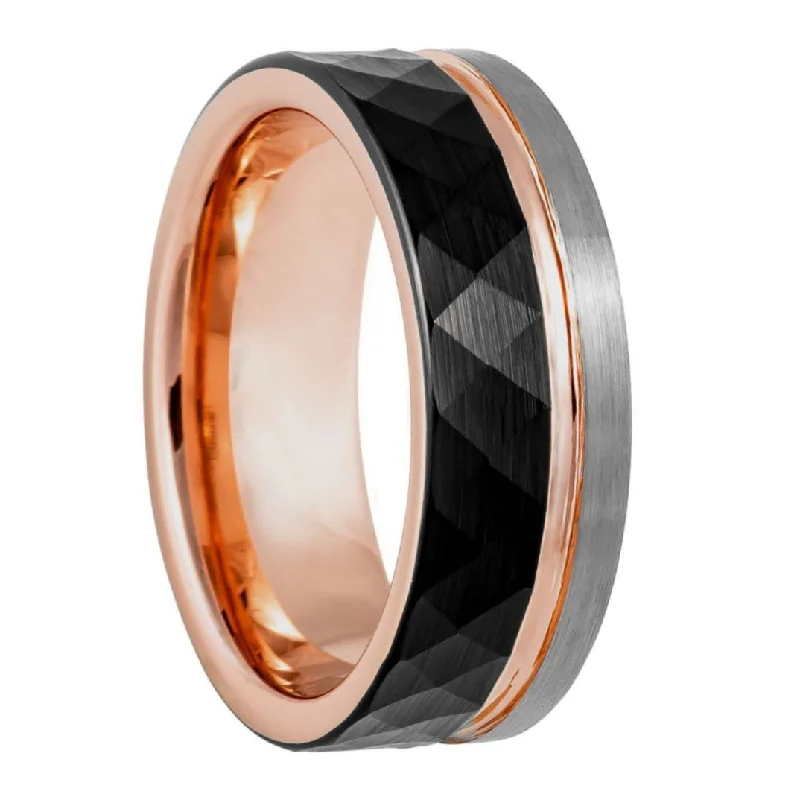 Modern minimalist rings for women-Faceted Black Tungsten Men's Wedding Band with Offset Rose Gold Groove