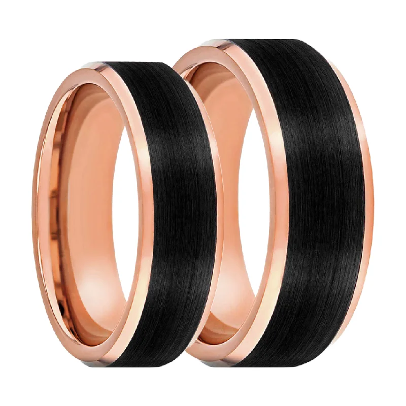 Elegant gold rings for women-Rose Gold Tungsten Couple's Matching Wedding Band Set with Black Center