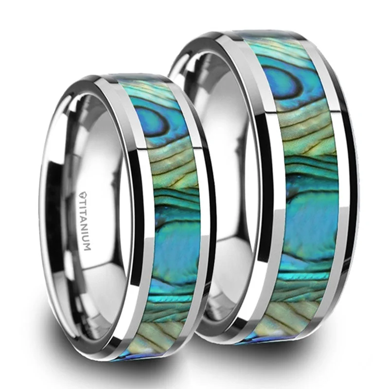 Stunning diamond wedding rings-Mother of Pearl Inlaid Titanium Couple's Matching Wedding Band Set