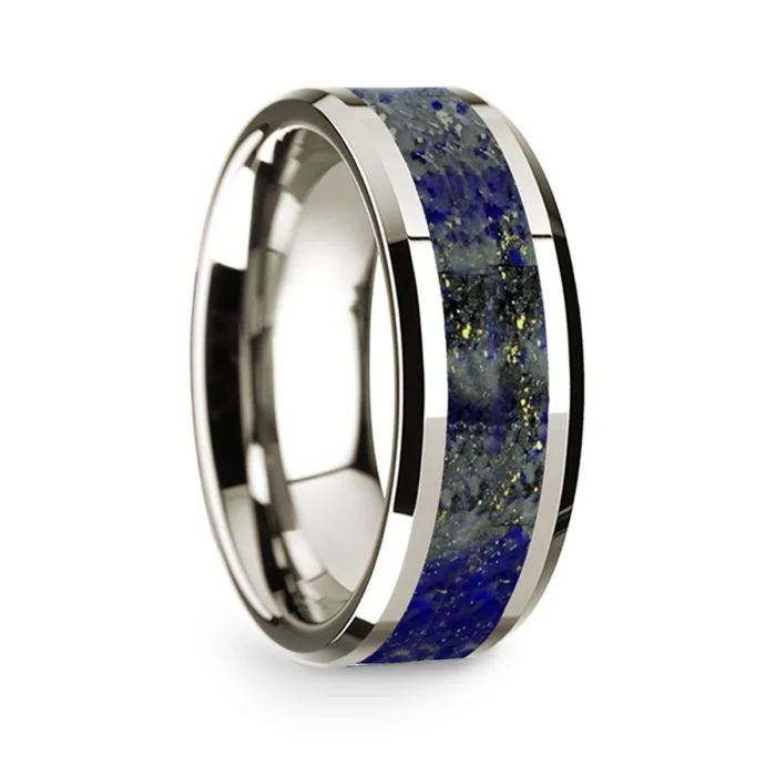 Rings with colored diamonds for women-14k White Gold Men's Wedding Band with Lapis Lazuli Inlay