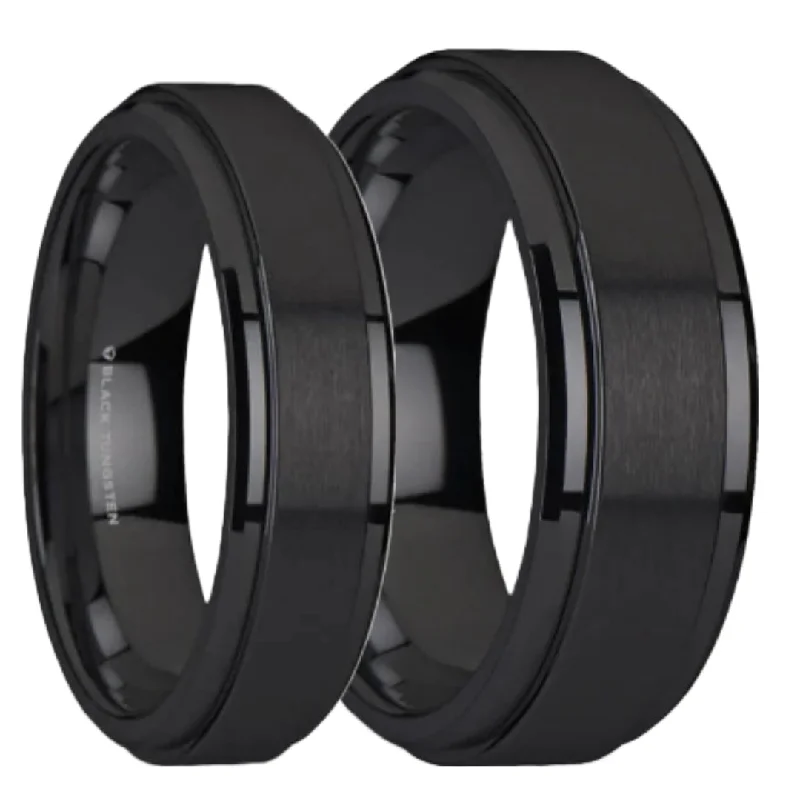 Stylish silver rings for women-Spinner Black Tungsten Couple's Matching Wedding Band Set