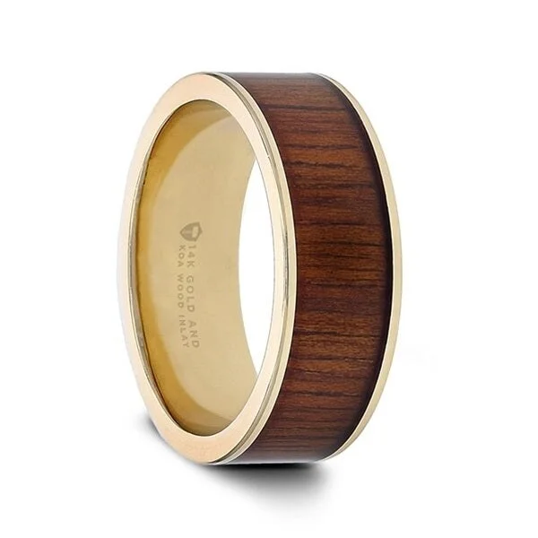 Vintage rings for women-Koa Wood Inlay 14k Yellow Gold Men's Wedding Band