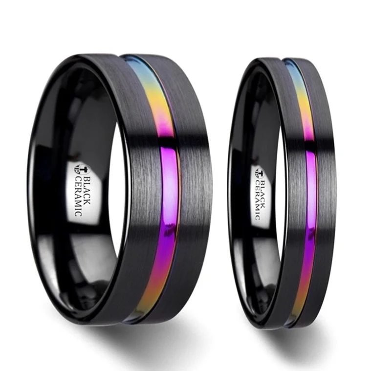 Elegant rings for formal events-Rainbow Grooved Brushed Black Ceramic Couple's Matching Wedding Band Set