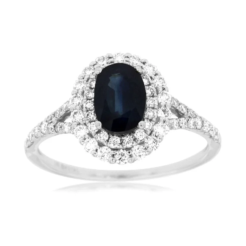 Luxury engagement rings with pave diamonds-Natural Blue Oval Sapphire Double Diamond Halo Ring in White Gold