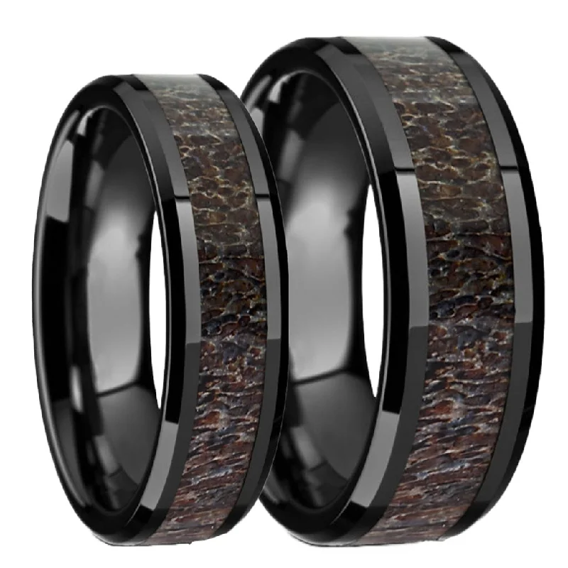 Stunning engagement rings with diamonds-Deer Antler Inlaid Black Ceramic Couple's Matching Wedding Band Set