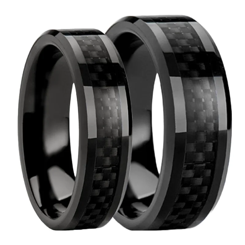 Beautiful rings with moonstones-Black Titanium Couple's Matching Wedding Band Set with Black Carbon Fiber Inlay