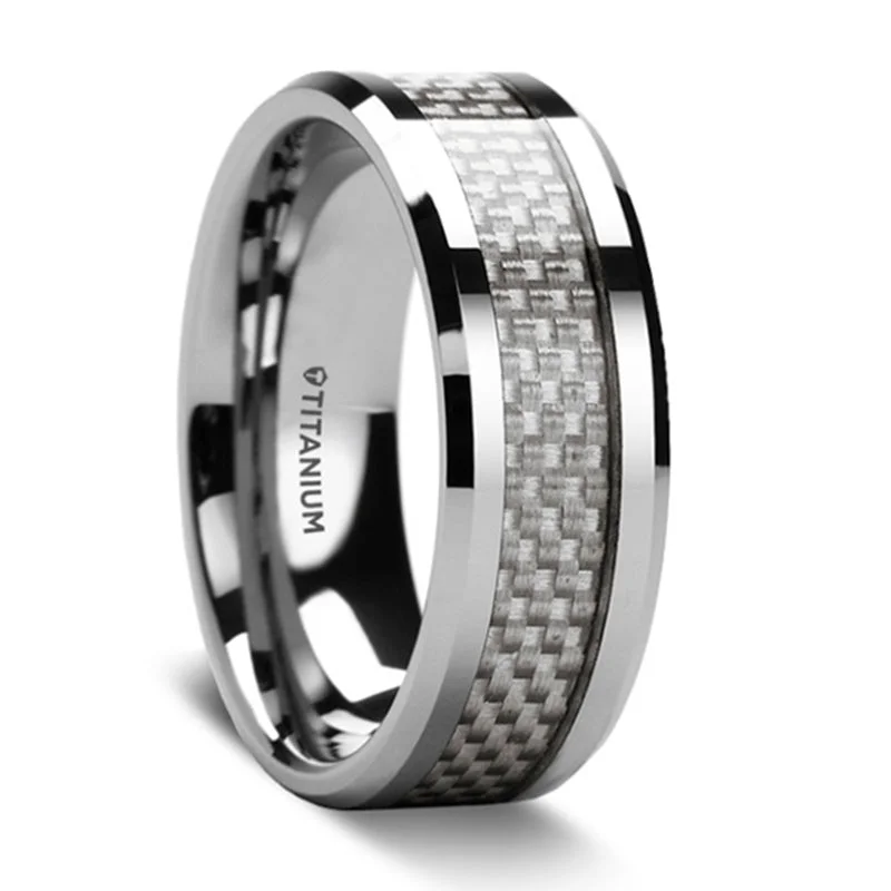 Wedding rings with diamonds and rubies-Titanium Wedding Band with White Carbon Fiber Inlay