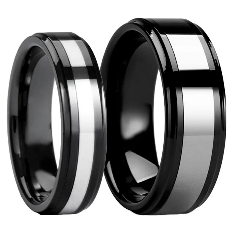 Elegant rings for formal events-Tungsten Inlay Black Ceramic Couple's Matching Wedding Band Set