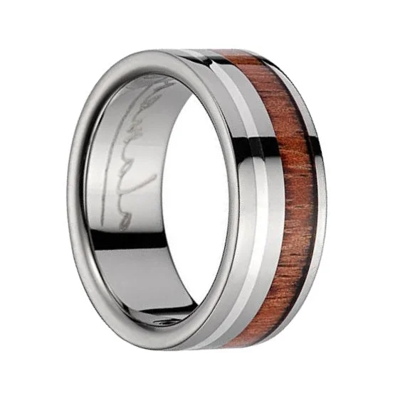 Engagement rings with oval diamonds-Men's Titanium Wedding Band with Koa Wood & Asymmetrical Sterling Silver Inlay