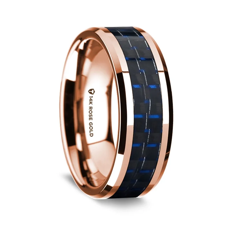 Beautiful diamond rings for special events-14k Rose Gold Men's Wedding Band with Black & Blue Carbon Fiber Inlay