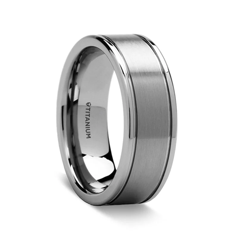 Engagement rings with princess-cut stones-Grooved Satin Finish Titanium Men's Wedding Band