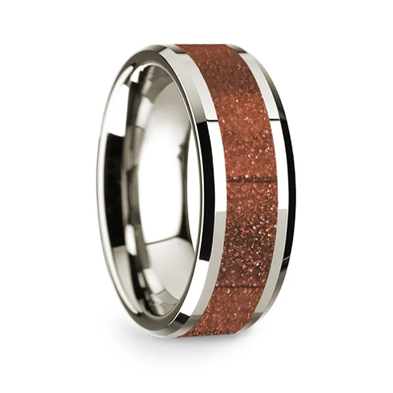 Elegant vintage rings for women-14k White Gold Men's Wedding Band with Orange Goldstone Inlay