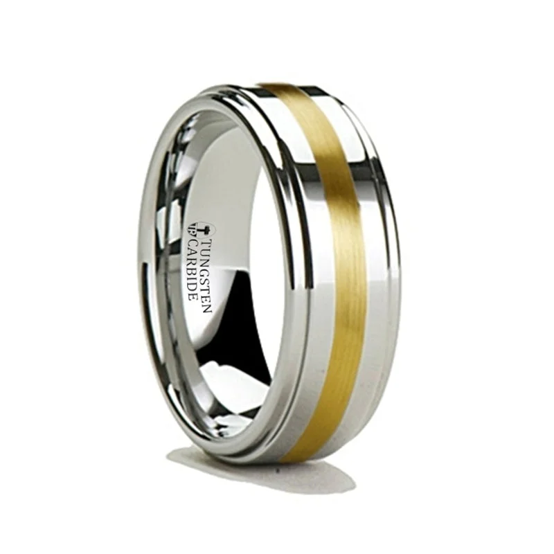 Sparkling solitaire rings for women-Tungsten Men's Wedding Band with 14k Yellow Gold Inlay