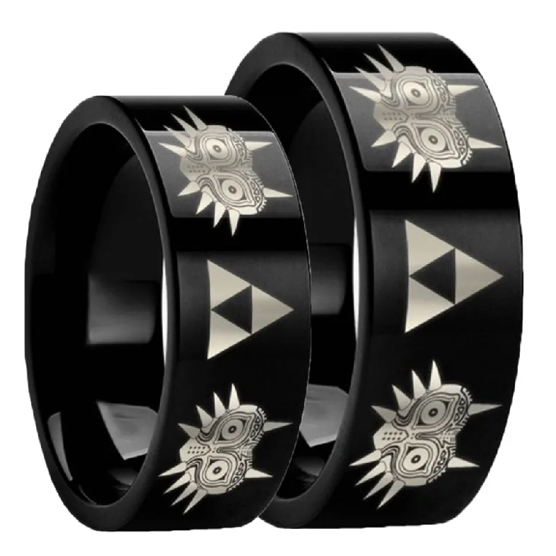 Beautiful rings with intricate designs-Legend of Zelda Majora Mask Triforce Black Tungsten Couple's Matching Wedding Band Set