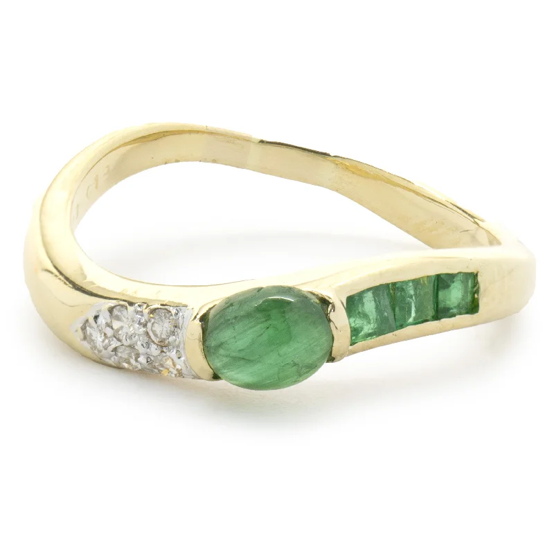 Classic engagement rings with round diamonds-18 Karat Yellow Gold Cabochon Emerald and Diamond Ring