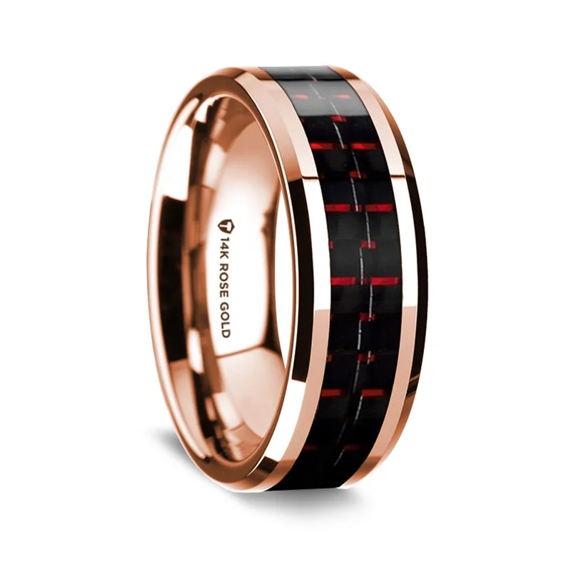 Gold-plated rings for women-14k Rose Gold Men's Wedding Band with Black & Red Carbon Fiber Inlay