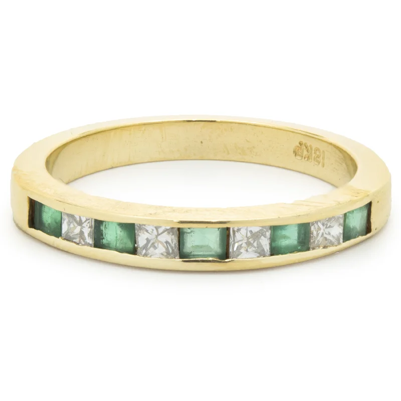 Elegant engagement rings with channel set diamonds-18 Karat Yellow Gold Alternating Diamond and Emerald Band