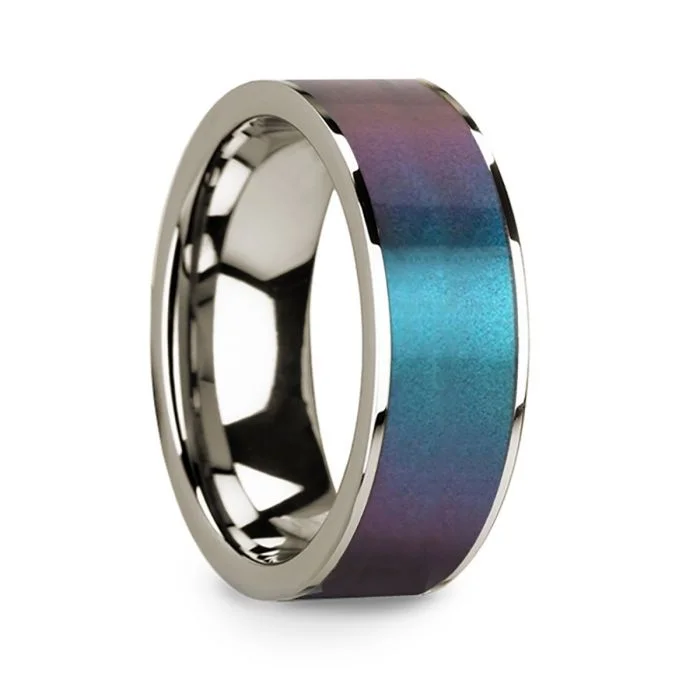 Beautiful rings with garnet stones-Blue & Purple Color Changing Inlay 14k White Gold Men's Wedding Band