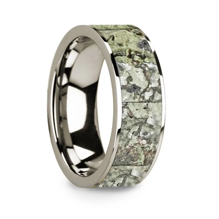 Engagement rings with princess-cut stones-Green Dinosaur Bone Inlay 14k White Gold Men's Wedding Band