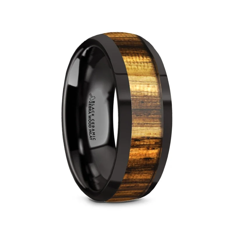 Rings with antique-style settings-Black Ceramic Men's Wedding Band with Zebra Wood Inlay