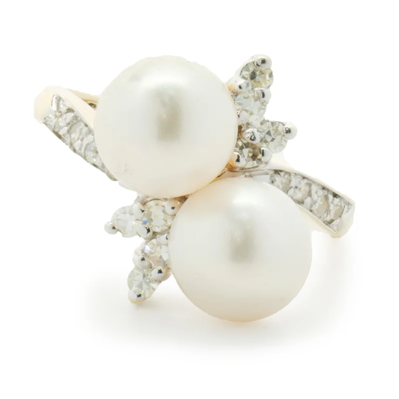 Classic platinum engagement rings for women-14 Karat Yellow Gold Pearl and Diamond Bypass Ring