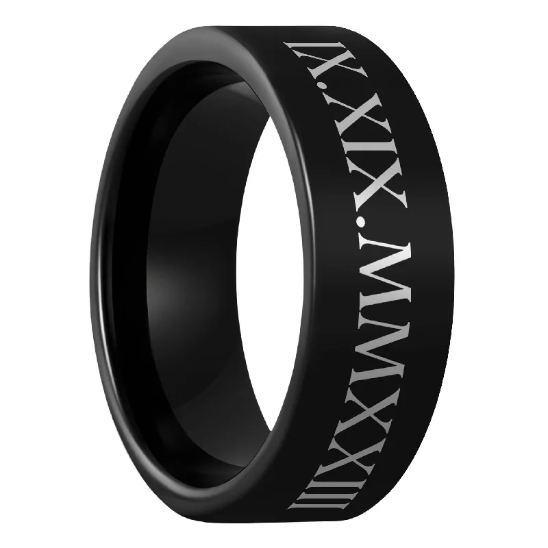 Luxury gold rings with gemstones-Roman Numeral Date Black Tungsten Men's Wedding Band