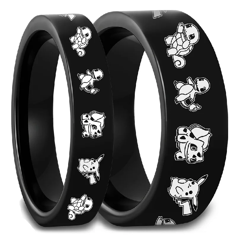 Elegant rings for gift-giving-Pokémon Black Tungsten Couple's Matching Wedding Band Set