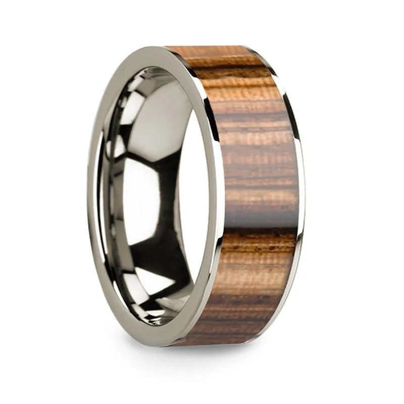 Affordable sterling silver rings-Zebra Wood Inlay 14k White Gold Men's Wedding Band