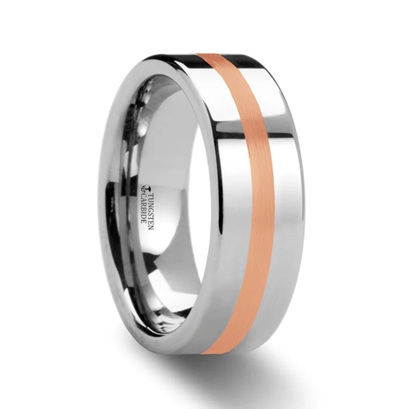 Engagement rings with radiant-cut diamonds-Domed Tungsten Men's Wedding Band with 14k Rose Gold Inlay