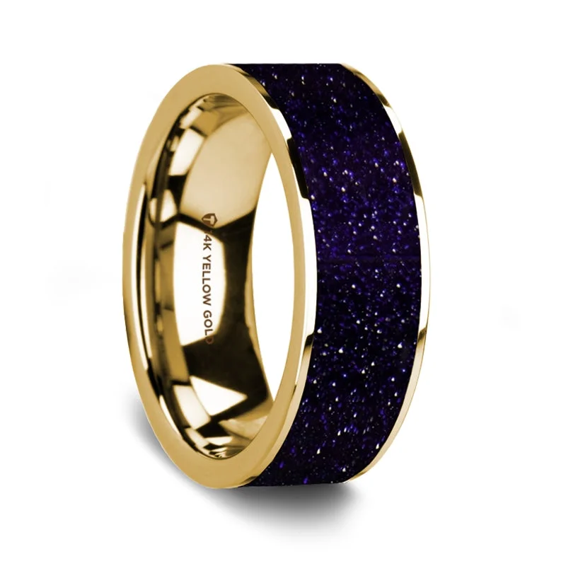 Engagement rings with fancy cut diamonds-Purple Goldstone Inlay 14k Yellow Gold Men's Wedding Band