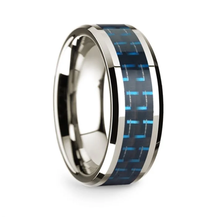 Vintage-style rings with rubies-14k White Gold Men's Wedding Band with Black & Blue Carbon Fiber Inlay