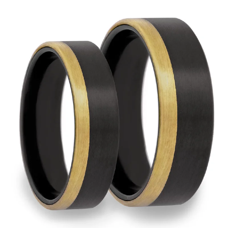 Stunning wedding bands for women-Zirconium Couple's Matching Wedding Band Set with Asymmetrical 14k Yellow Gold Inlay