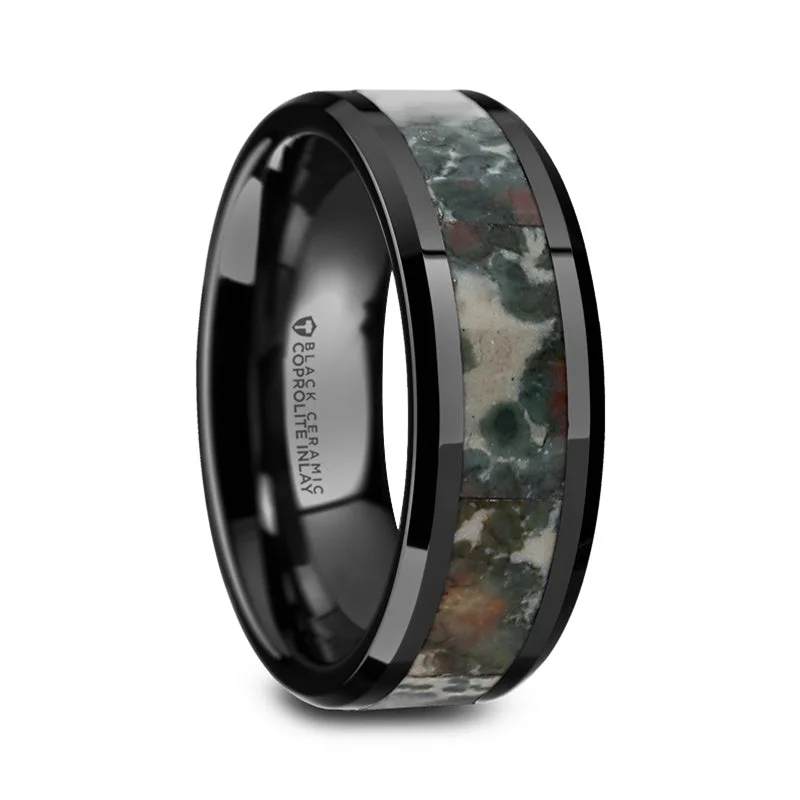 Affordable sterling silver rings-Black Ceramic Men's Wedding Band with Coprolite Fossil Inlay