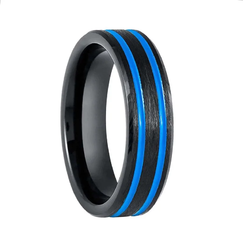 Trendy statement rings for every occasion-Dual Blue Grooved Inlay Brushed Black Tungsten Women's Wedding Band