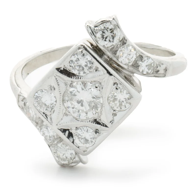 Classic engagement rings with oval diamonds-14 Karat White Gold Vintage Diamond Bypass Cluster Ring