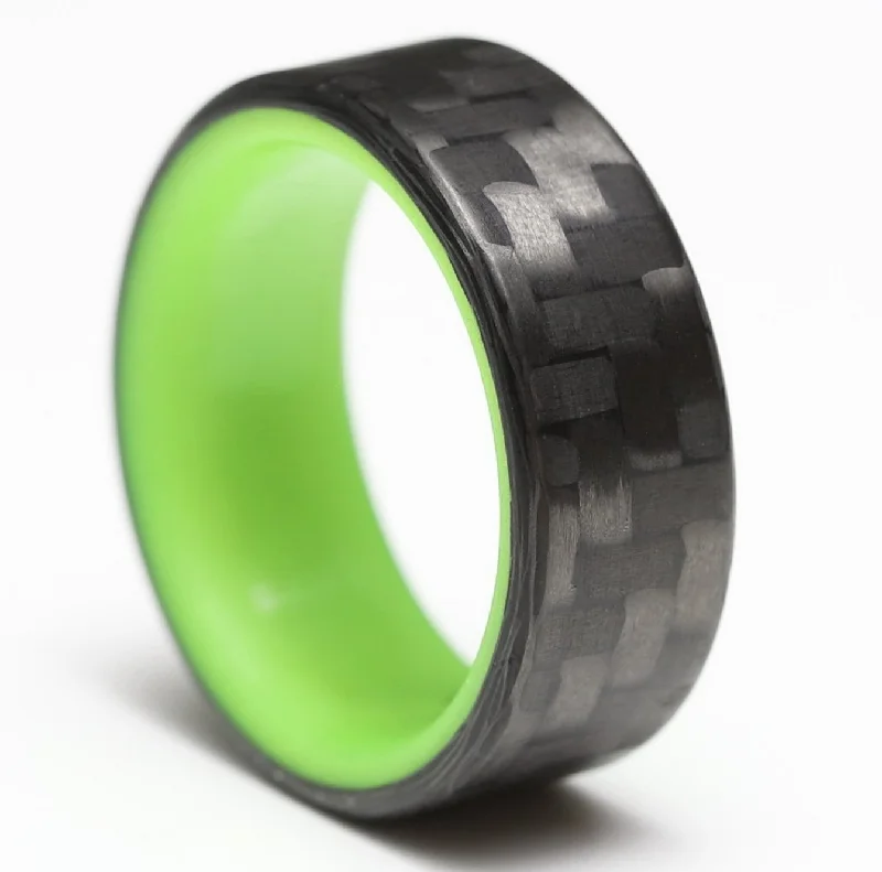 Unique rings with black diamonds-Yellow Glow in the Dark Interior Carbon Fiber Men's Wedding Band