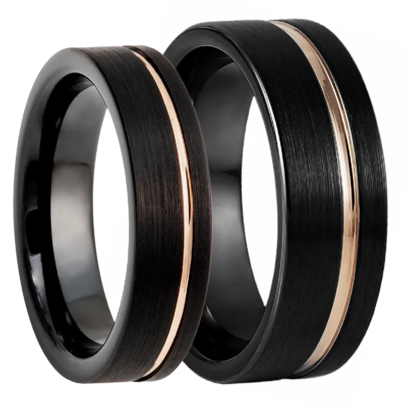 Elegant rings for every occasion-Black Tungsten Couple's Matching Wedding Band Set with Asymmetrical Rose Gold Groove