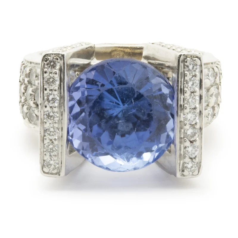 Elegant engagement rings with pear-shaped diamonds-Gauthier 14 Karat White Gold Tanzanite and Diamond Structure Ring