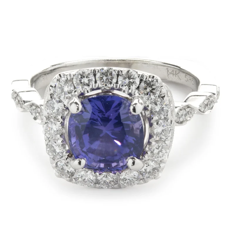 Elegant engagement rings with emerald-cut stones-14 Karat White Gold Purple Sri Lanka Sapphire and Diamond Ring