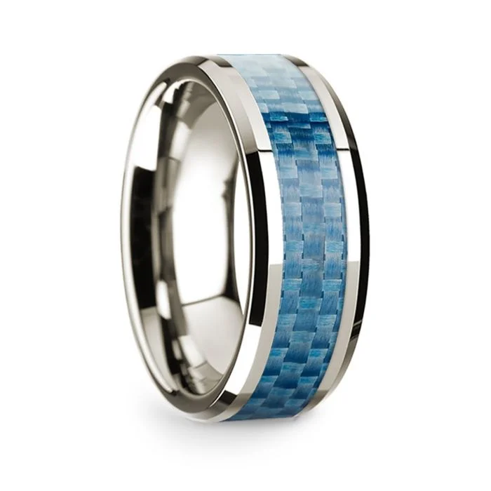 Elegant rings for special occasions-14k White Gold Men's Wedding Band with Blue Carbon Fiber Inlay