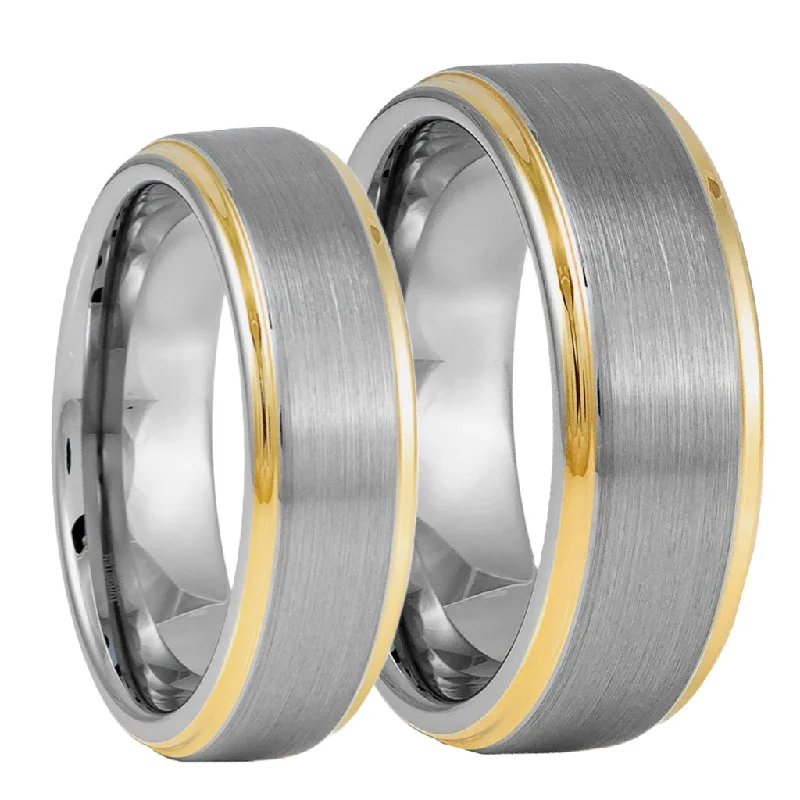 Unique promise rings for women-Brushed Tungsten Couple's Matching Wedding Band Set with Yellow Gold Edges