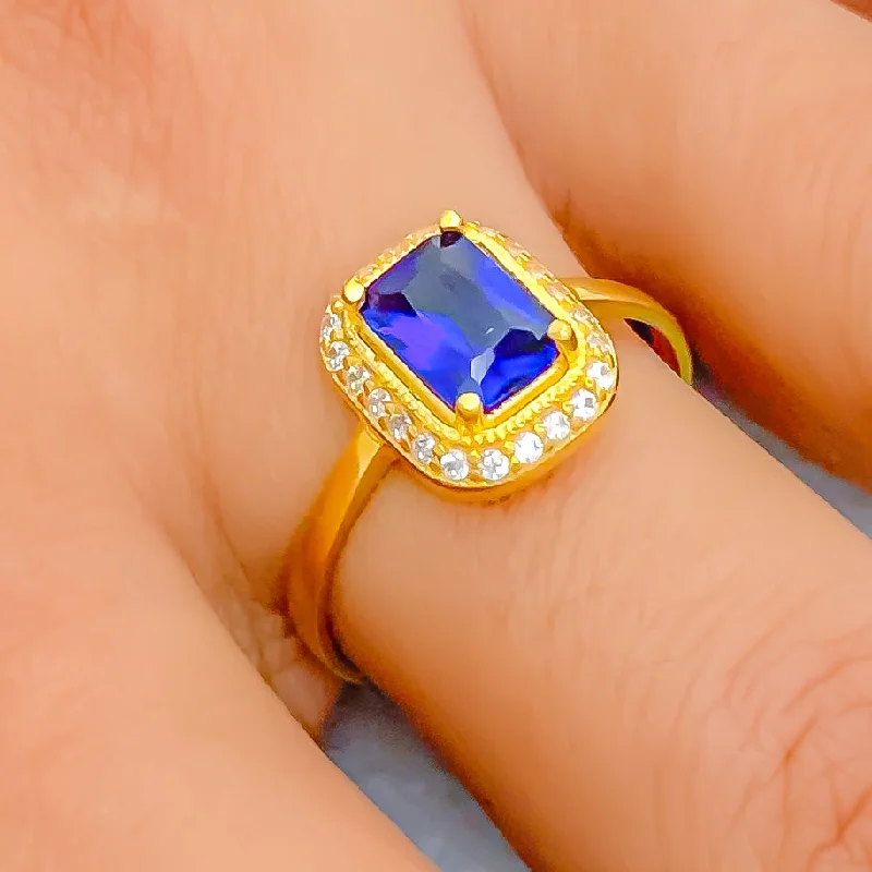 Simple gold rings for women-Royal Blue 22k Gold CZ Ring w/ Solitaire Stone