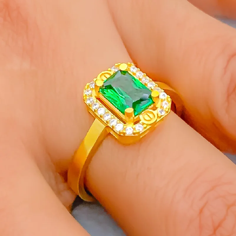 Elegant rings for gift-giving-Gorgeous Green 22k Gold CZ Ring w/ Solitaire Stone