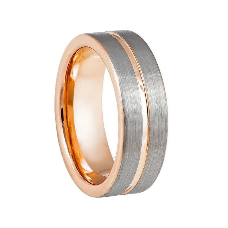 Luxury gold rings with gemstones-Tungsten Men's Wedding Band with Rose Gold Groove and Interior