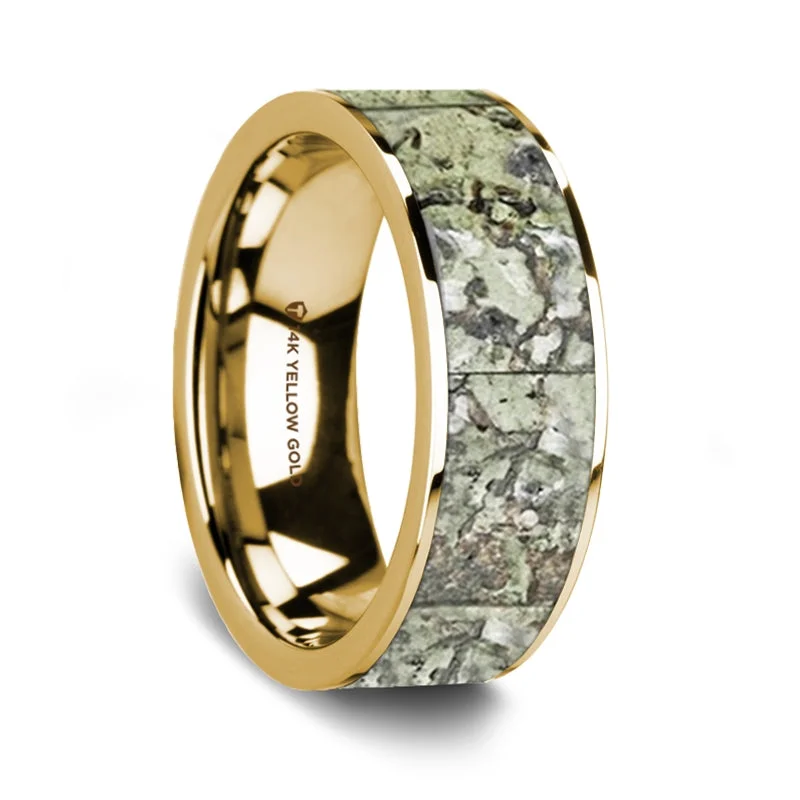 Silver rings with diamond accents-Green Dinosaur Bone Inlay 14k Yellow Gold Men's Wedding Band