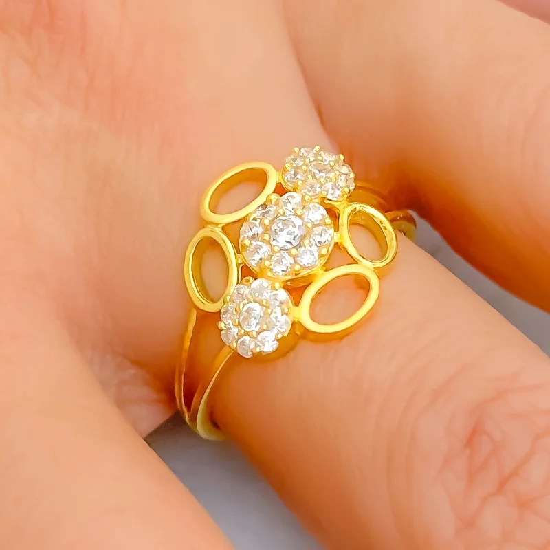 Statement rings for women-Versatile Triple Flower 22k Gold CZ Ring