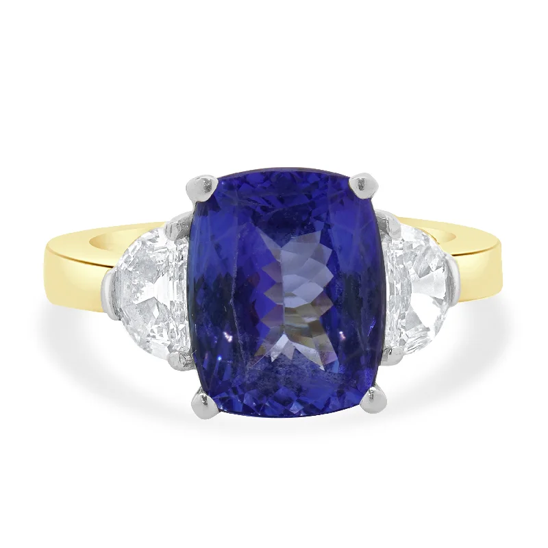 Custom-designed engagement rings for women-18 Karat Yellow & White Gold Tanzanite and Half-moon Cut Diamond Ring