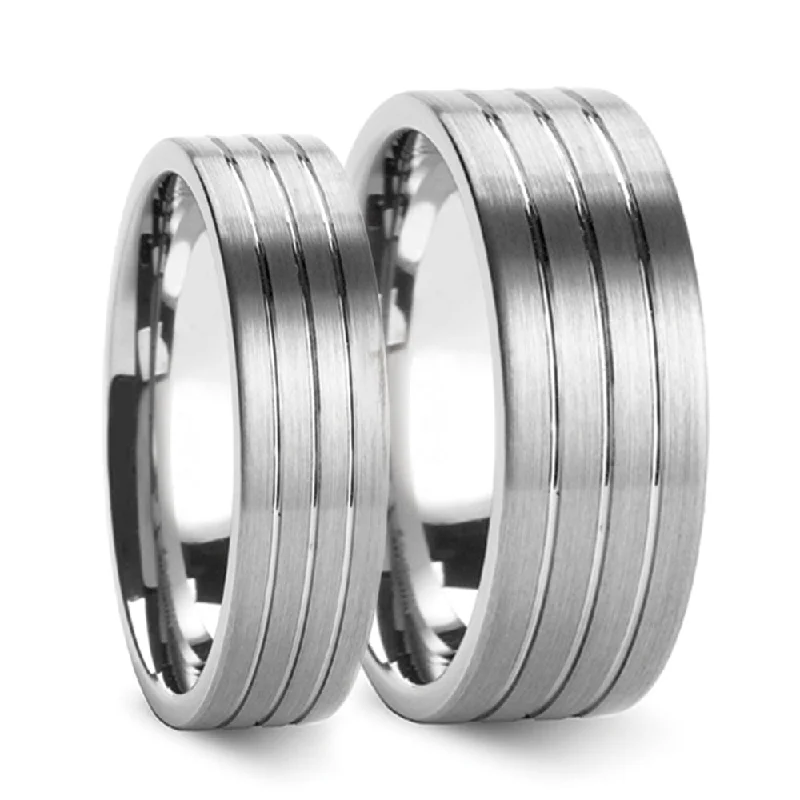 Stunning wedding bands for women-Grooved Brushed Tungsten Couple's Matching Wedding Band Set