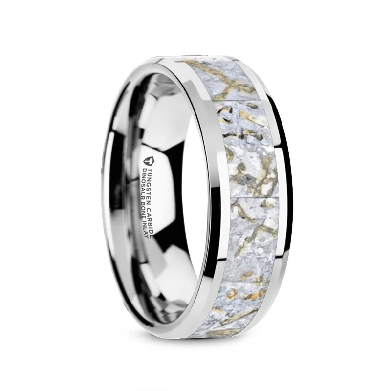 Affordable gemstone rings-Tungsten Men's Wedding Band with White Dinosaur Bone Inlay