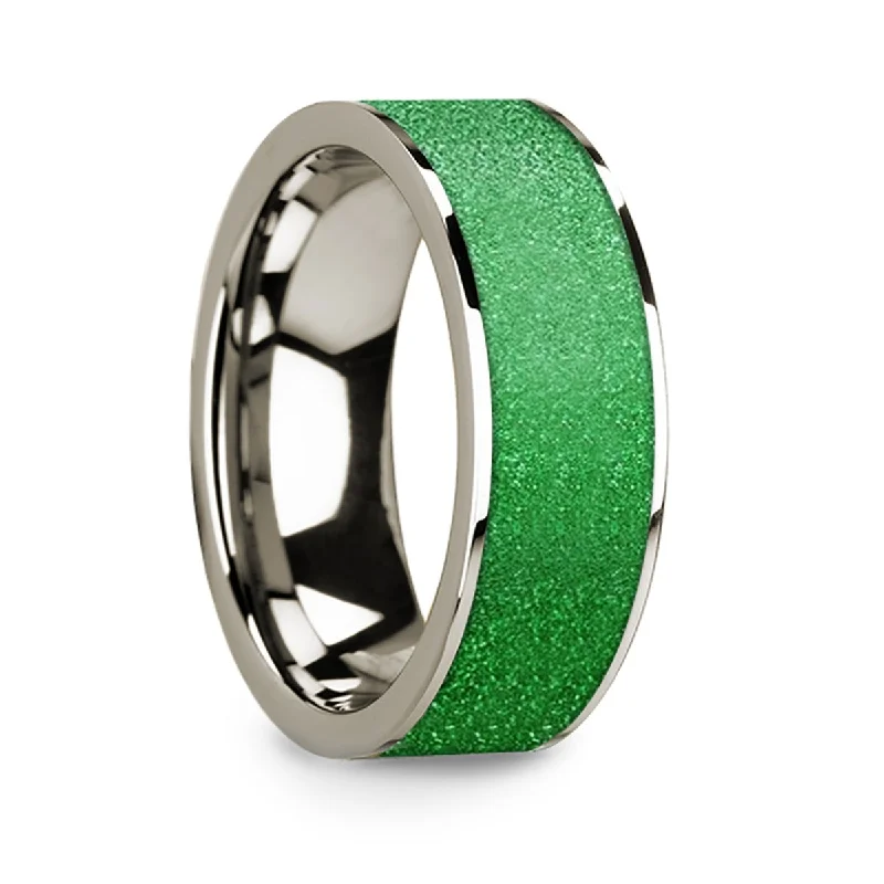 Rings with colored diamonds for women-14k White Gold Men's Wedding Band with Textured Green Inlay